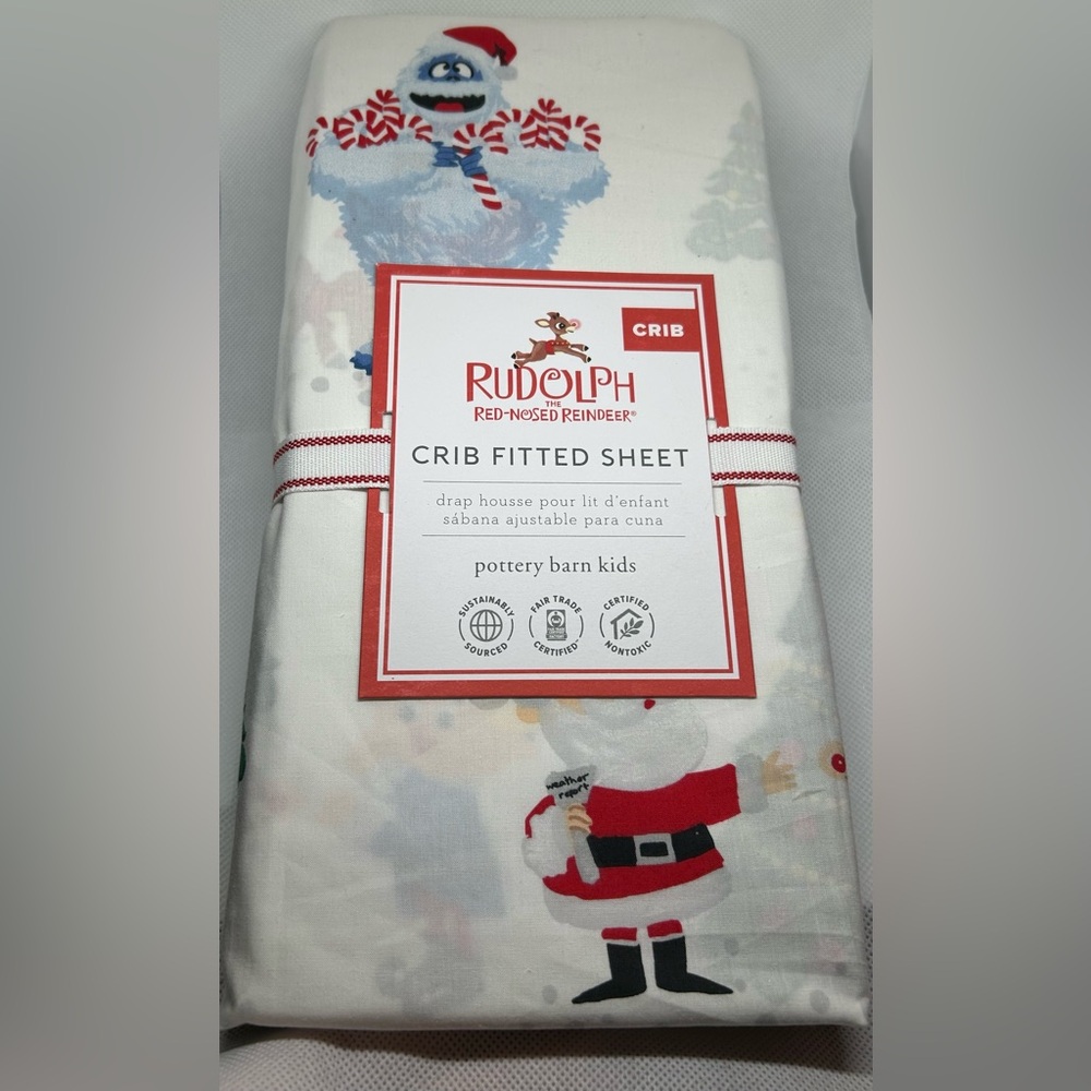 Pottery Barn Kids Fitted Crib Sheet with Rudolph and Santa
